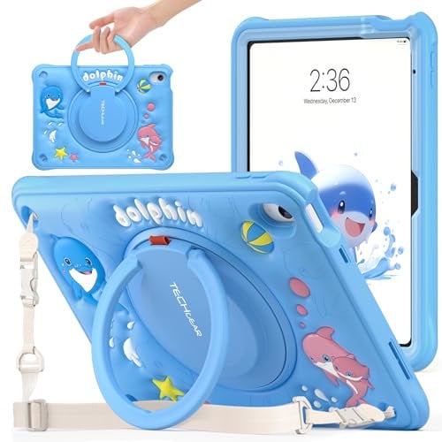 TECHGEAR BubblyToons Dolphin Case for iPad 11 A16 (11th Gen 2025) & 10.9 (10th Gen 2022) - Kids Shockproof Fun Case with 360 Stand, Ring Hand Grip, Soft Silicone Shell, Safe for Schools & Nurseries
