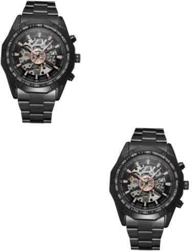 DEARMAMY 2pezzi Orologio Da Polso Meccanico Automatico Per Uomo Con Cinturino Acciaio Inossidabile Elegante e Confortevole Per Uso Quotidiano e Occasioni Speciali