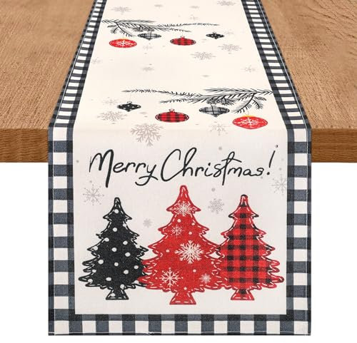 DecorMommt Tischläufer Weihnachten, Tischdeko Modern 33x183cm, Tischdecke Silvester, Weihnachtsdeko Tisch Äufer, Platzset Weihnachten Für Drinnen Küche Tisch Deko( Weihnachtsbaum Rot Schwarz)