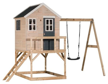 Wendi Toys M23G Outdoor Spielhaus Kinder mit Schaukel, 90 cm Plattform, 192 x 350 x 242 cm, Grau, FSC Holz – Schaukel Outdoor mit Gestell, Spielturm mit Schaukel, sicher und wetterfest