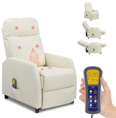 Bonnlo Chair Recliners, PU Faux Leather Recliner Chair with Massage & Heat, Oversized Recliners Armchair Lounge Sofa Adjustable Leg Rest, Side Pocket, for Home Living Room Theatre (Cream PU)