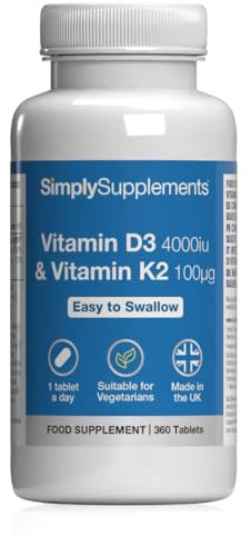 Vegetarian Vitamin D3 4000iu & Vitamin K2 100μg | Supports Bone, Muscle, & Immune Health | Potent One-a-Day Formula | 360 Easy-to-Swallow Tablets = 12-Months’ Supply | GMP-Certified & Made in The UK