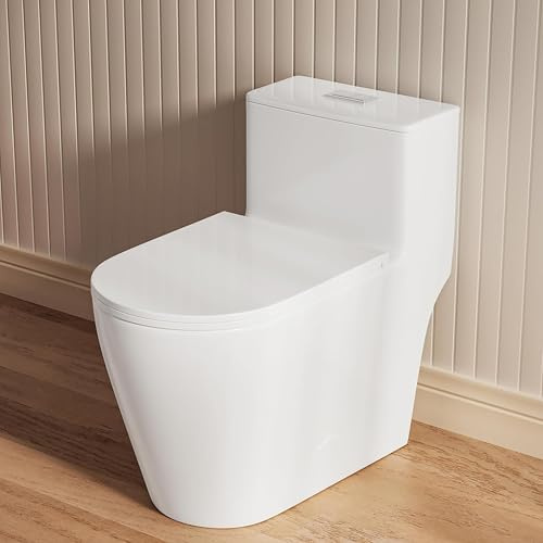 Casta Diva Elongated One Piece Toilet with 17 ADA Comfort Chair Height Seat Compact Toilet for Bathroom Dual Flush 1.1/1.6GPF, 12'' Rough-in, High Efficiency Flush, Standard White Bowl