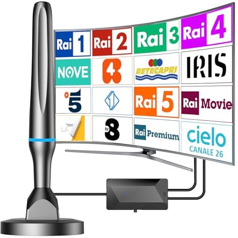 Antenna TV Interna Amplificata Potente-Antenna TV da Interno ed Esterno, 260+ Miglia Gamma Antenne Digitale Terrestre con Amplificatore Segnale, Supporta 4K 1080P DVB-T/DVB-T2 per Smart TVs