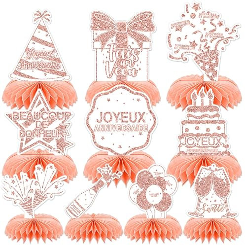 AUGSUN 10 Pièces Centre de Table Anniversaire Décorations, Anniversaire Français Fête Decoration Joyeux Anniversaire Accessoires, Rose Doré