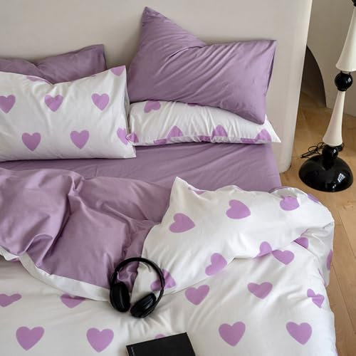 Covebett Herz Bettwäsche 140x200 Weiß mit Lila Herzen Muster Romantisch Weiche Mikrofaser Bettbezug Herzchen Aesthetic Wendebettwäsche Set 2 Teilig mit Reißverschluss und Kissenbezüge 70x90 cm