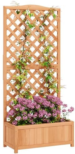 Outsunny Letto per Orto Rialzato da Esterno con Grigliato, Fioriera da Esterno con Traliccio per Piante Rampicanti in Legno di Abete, per Fiori e Verdure, per Giardino e Balcone, 76x36x170 cm, Marrone