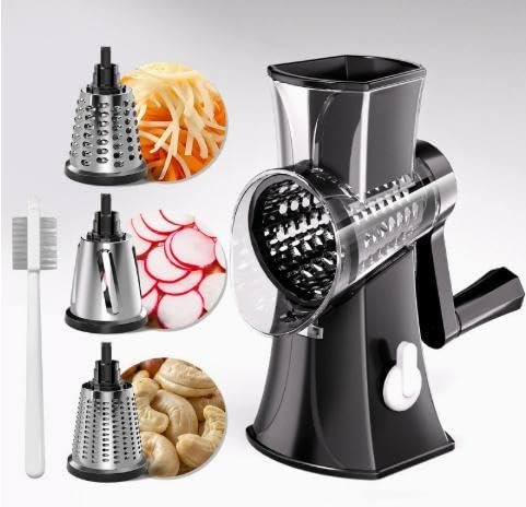 Rotating Cheese Grater, Stainless Steel Cheese Grater with 3 Slicer Heads and Stand Comes with Brush for Parmesan, Vegetables, Chocolate, Nuts, Garlic, Ginger (Black)