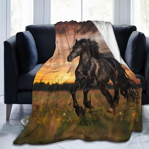 Zltegako Überwurfdecke mit schwarzem Pferd, flauschige Fleece-Decken, leicht, Reisedecke, für drinnen und draußen, Decke für Couch, Sofa, Bett, 127 x 101,6 cm