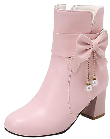 Damen-Stiefeletten mit schwarzem Absatz, runder Zehenbereich, halbhoch, für draußen, seitlicher Reißverschluss, rutschfest, bequem, Freizeit, Chelsea-Stiefel, Rosa B, 41 EU