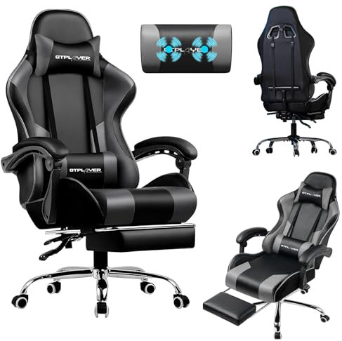 LUCKRACER Sedia da Gaming Massaggiante ed Ergonomica con Schienale Regolabile, Poggiapiedi e Supporto Lombare - Reclinabile, Grigio