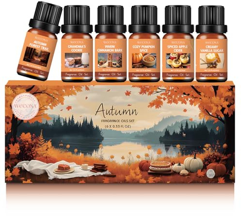 WECONA Herbst Essential Oils Set 6x10ml, Aroma Diffuser Öl für Zuhause | 6 HERBSTDUFTE – Autumn Forest Trail, Grandma’s Cookie, Cinnamon Bark, Pumpkin Spice, Apple Cider und Vanilla Sugar.