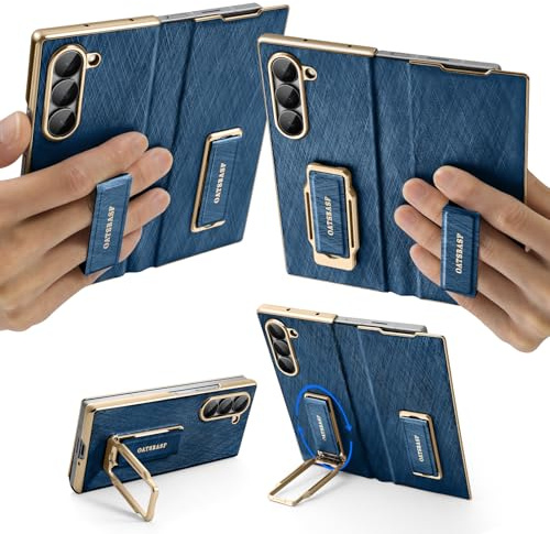 XAOVUIR Dual Grip für Samsung Galaxy Z Fold 7 Hülle mit Ständer, Leder & Metall Fold 7 Flip Handyhülle mit Handschlaufe & Scharnierschutz, sturzsichere Kickstand Cover für Fold7 Phone, Aura Blue