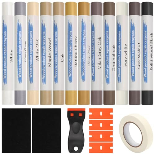 Fourindo 12Pcs Wood Repair Kit with Wax Crayons, Sandpaper, Adhesive Tape & Scraper for Furniture, Laminate Floor, Table, Door Scratch and Hole Restoration​