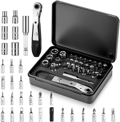 Starvortex 32 Pezzi Set Chiavi A Cricchetto Magnetica, Mini Bussola Chiave A Cricchetto da 1/4, Reversibile Cacciavite con Punta Phillips, Esagonale, Torx, Ideale per Lavori Meccanici