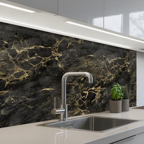KitchenYeah© Splashback for Kitchen self-Adhesive Sink Splash Splatter | 24x39 / 60x100 cm - Guard Splashbacks Walls Black - Marble - Gold - Nerf