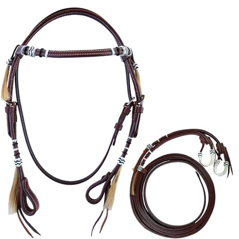Brama West Westerntrense „Wyatt“ – Elegante Ledertrense im klassischen Westernstil - mit weißen Kontrastnähten, Rawhide-Dekor & Pferdehaarquasten – Braun, inkl. Splitzügel (Cob)