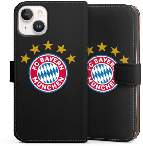 Klapphülle kompatibel mit Apple iPhone 14 Handyhülle aus Kunst Leder schwarz Flip Case FC Bayern München FCB Sterne