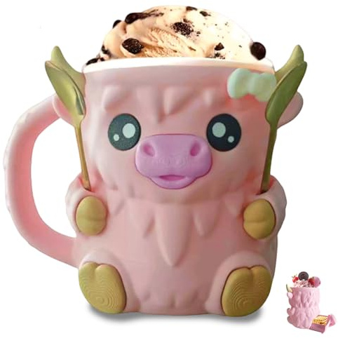 Komergave Highland Cow Ice Cream Holder, Ice Cream Pint Holder mit 2 Löffeln, Niedlicher Eisbecher Halter für Zuhause, Picknick, Party, Camping, Geschenk für Liebhaber von Highland Cow (Rosa)