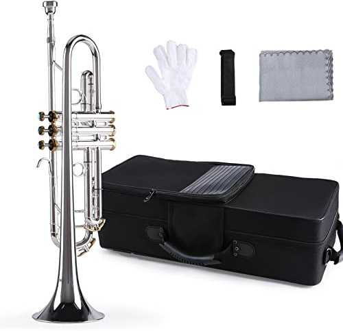 AUNMAS Professionelle B-Flachtrompete, Versilbertes Messing mit 5C-Mundstück, Inklusive Tragetasche, Handschuhen und Reinigungstuch für Musiker
