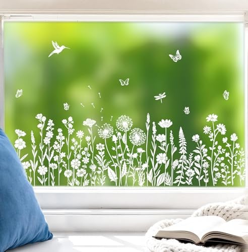 COMOOKA 5 Blatt Fensterbilder Blumen 89x27cm Fenstersticker Pusteblumen Sommer Selbstklebend Weiß Wiederverwendbar Ostern Wohnzimmer Kinderzimmer Deko Fenster Fensteraufkleber