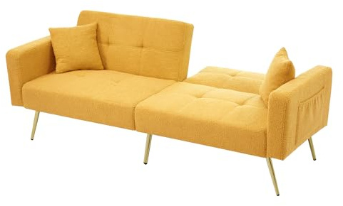 DRIXNO Schlafsofa, 2 Sitzer Sofa mit Schlaffunktion, Klappbares Schlafcouch Verstellbarem Winkel, mit Kissen und seitlichen Aufbewahrungstaschen, für Wohnzimmer, Büro, Lounge, Schlafzimmer, Gelb