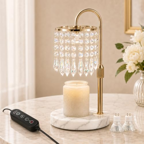 OUTON Candle Warmer Lamp with Timer Dimmer, Marble Base Candle Warmer Light | Gold, Crystal Lampshade, Marble Base, Adjustable 9–17.5cm Height, 4-Level Brightness, Flame-Free Design For Safe Fragrance