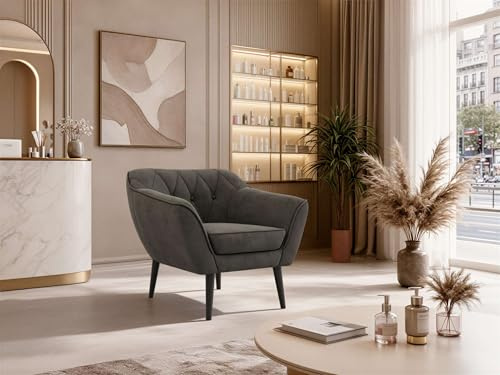 MKS MEBLE Sofa PIRS 1-Sitzer - Skandinavisches Design Couch, Gesteppte Polsterung, Wellenfederung, bequemes Polstersofa für Wohnzimmer - Schwarze Beine, Dunkelgrau Velvet