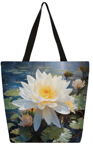 Mexpekil Lotus Flower Canvas Tote Bag for Women Girls Reusable Grocery Shopping Bags Large Ladies Handbags Multi-purpose Shoulder Bag