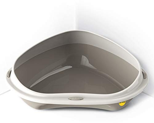 CAT CENTRE Grey Large Corner Cat Open Litter Tray With Rim Kitten Pet Toilet Plastic Loo Pan Box Anti-Spillage Lowered Entry Step Rounded Corners Detachable Rim Easy Cleaning No Spilling
