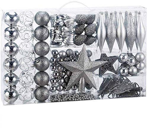 BAKAJI Addobbi per Albero di Natale 102 Pezzi Confezione Palline Calze Stelle Pigne Decorazioni Natalizie (Silver)