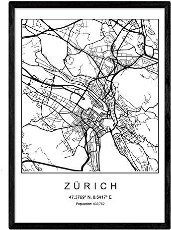 Nacnic Drucken Stadtplan Zürich skandinavischen Stil in schwarz und weiß. A3 Größe Plakat Das Bedruckte Papier Keine 250 gr. Gemälde, Drucke und Poster für Wohnzimmer und Schlafzimmer