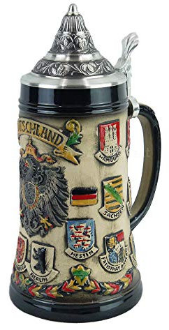 A-Z Super Preiswert Bierkrug Deutschland Rustika 0,5L mit Zinndeckel, Keramik, Bierkrug, Zylinder, 500 Milliliter, Zuhause