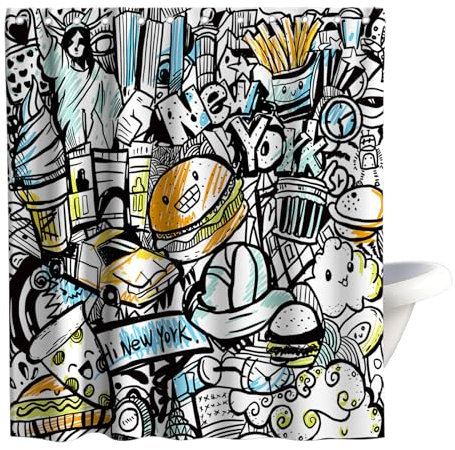 Final Friday Graffiti Lustige Duschvorhänge New York Cartoon Haus Straße Auto Thema Stoff Badezimmer Dekor Sets mit Haken Wasserdicht Waschbar 72W x 72H Schwarz und Weiß