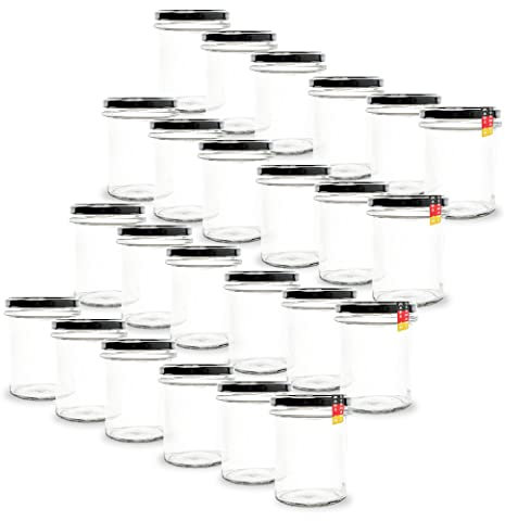 BAUER 24er Set Sturzgläser 214 ml inkl. Schwarze Twist Off Deckel TO66 zum Einmachen von Suppen, Babynahrung, Dips oder zur Aufbewahrung von Tee und Kräuter