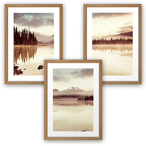 3-teiliges Premium Poster-Set | Kunstdruck | Bergsee im Morgengrauen | Deko Bild für Ihre Wand | optional mit Rahmen | Wohnzimmer Schlafzimmer Modern Fine Art | DIN A4 / A3 (A4, natur Rahmen)