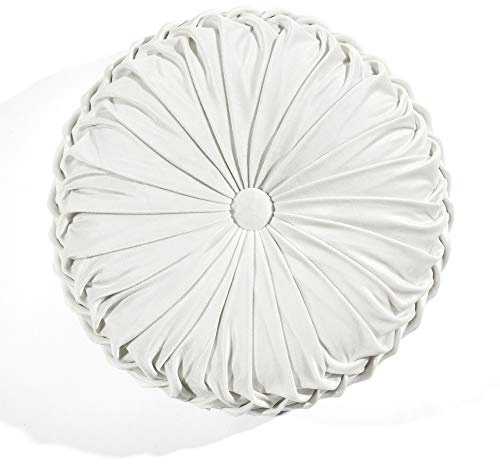 Lush Decor Round Pleated Soft Velvet Decorative Throw Pillow, 1 Count, 15 Diameter, White - Plush Round Pillow, Seat Cushion, Decorative Pillows For Bed, Couch, Or Chair