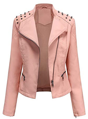 Giubbotto Pelle Donne Giacca Pelle Giacca Moto Vestito Blazer Giacca da Donna in Pelle Sottile Punk Bavero Bavero Cerniera Tuta da Moto Cucitura (L,Rosa)