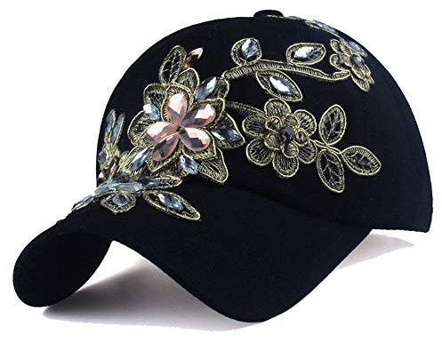 Cheerlife Basecap Damen Jeans Baseball Cap Mütze Kappe mit Blume Strass Sonnenhut Hip Hop Hut für Outdoor Sport Reisen (Schwarz)