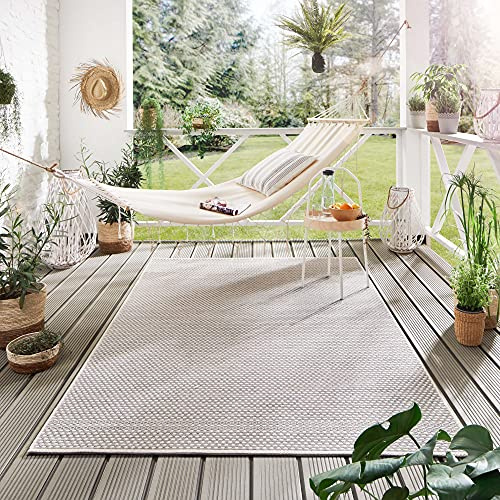 Steffensmeier Indoor Outdoor Teppich Nyland wasserfest Kunststoff Balkon Garten Flur, strapazierfähig und pflegeleicht, Punkte Grau, Größe: 80x150 cm