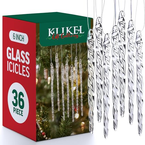 Klikel Glass Icicle Ornaments - Winter Decorations for Christmas Tree - Total 36 Hanging Ornaments - 6 Inch