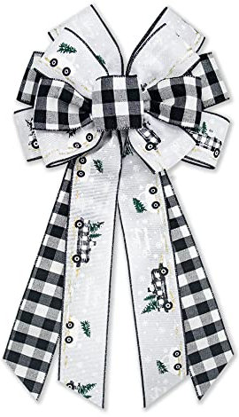 Hying Große Weihnachtsschleife für Kranz – Weiß Schwarz Büffel Plaid Kranz Schleife für Innen- und Außendekoration