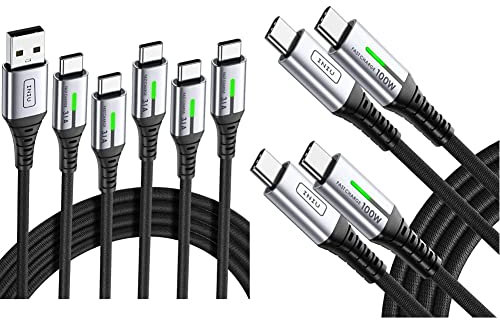INIU Cable USB C, 5Pack (1+1+2+2+3m) Cable USB Tipo C 3,1A QC 3.0 Nilón de Cable USB A a USB C Carga Rápida Sincronización de Datos & Cable USB C a USB C, 100W Cable USB C Carga Rapida PD 5A QC 4.0
