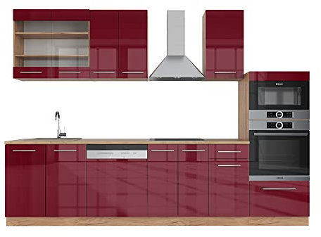 Vicco Küchenzeile Fame-Line, Bordeaux Hochglanz/Eiche Gold, 300 cm mit Hochschrank, ohne Arbeitsplatte