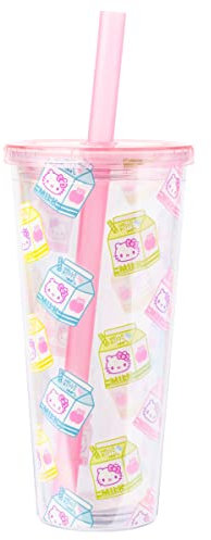 Silver Buffalo Sanrio Hello Kitty Boba-Becher mit Milchkarton-Muster, Kunststoff, mit Deckel und breitem Strohhalm, 680 ml