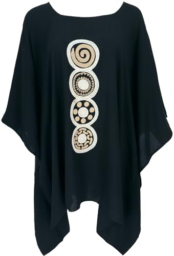 GURU SHOP Besticktes Hippie Ponchokleid, Minikleid Tunika, Kaftan, Strandkleid, Maxi Größe - Schwarz, Damen