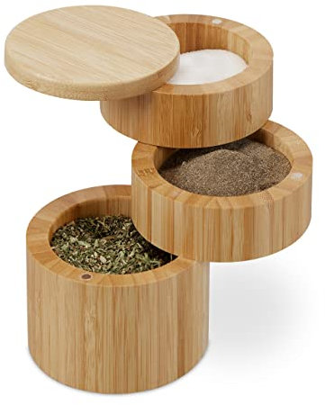Relaxdays Recipiente Bote Sal con Tapa, 3 Compartimientos, Bambú, Especiero Giratorio, 13 x 9 cm, Cierre Magnético, Natural