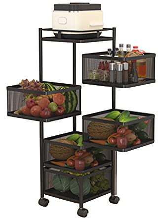 Küchenregal aus Metall, schwarzer Küchenwagen mit drehbaren Drahtkörben, quadratisches Obst- und Gemüselagerregal für Zuhause/Büro/Schlafsaal/Garage (Größe: 27 × 27 × 93,5 cm, Farbe: Schwarz) (Schwar