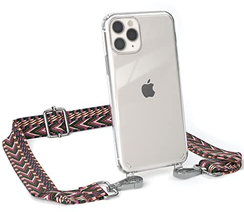 EAZY CASE Handykette - Einstellbarer Trageriemen kompatibel mit iPhone 11 Pro, Schulterriemen, Riemen, Hülle aus Silikon, DIY Kettenkombination, Beere/Rosa - Metall Silber