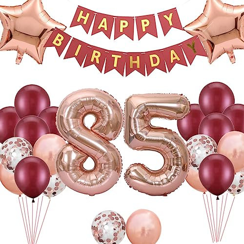 85. Geburtstags Dekorationen Weinrot für Frauen, 85. Birthday Banner Nummer 85 Geburtstags Ballons Stern Folienballons Roségold Rot Konfetti Ballons für ihre Mutter 85 Jahre alt Geburtstag(85.)